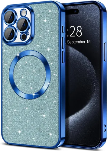 Miniatura 60 de Hython Funda para iPhone 13 Pro Max con purpurina, fundas magnéticas transparentes para teléfono con protector de lente de cámara