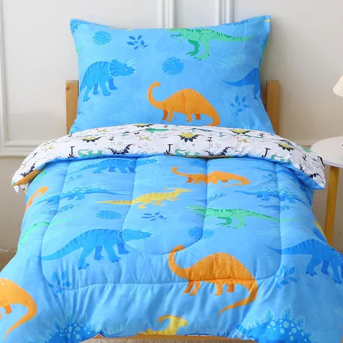 Viviland Juego de edredón de dinosaurio azul para niños, lindo juego de ropa de cama para niñas pequeñas, juego de cama de microfibra suave rosa |