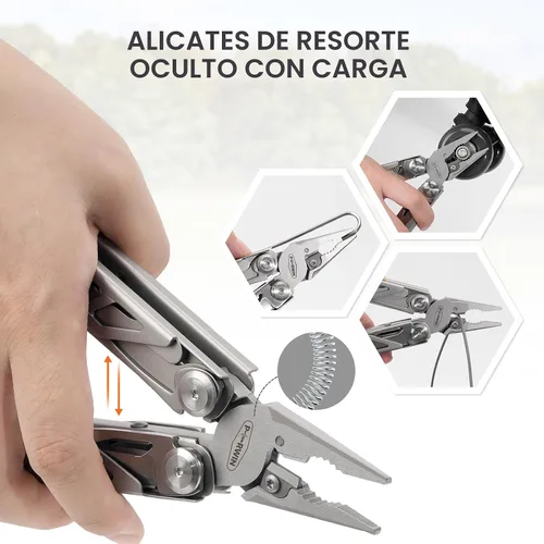 Miniatura 4 de PERWIN Multiherramienta, alicates multiherramienta de acero inoxidable 17 en 1 con autobloqueo, cuchillo de bolsillo, funda de nailon