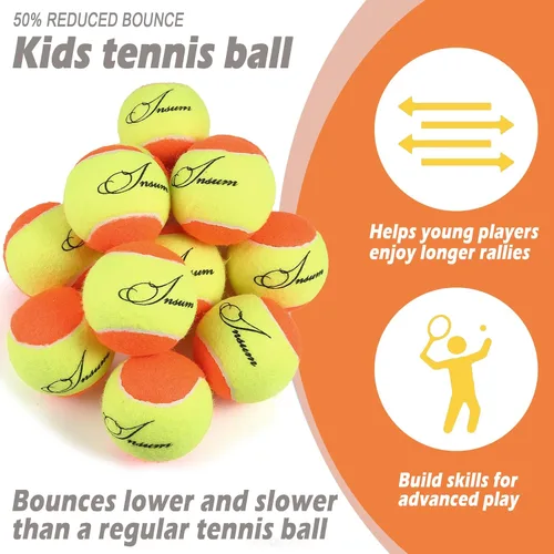 Miniatura 3 de insum Pelotas de tenis para niños jóvenes de fieltro para adolescentes principiantes, rojo, naranja, verde, 25%, 50%, 75% velocidad más lenta Baja