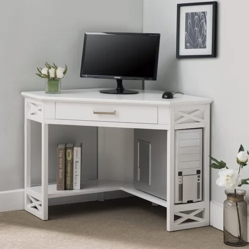Miniatura 8 de Leick Home Sage 85430 - Escritorio esquinero de oficina, madera maciza, con cajón frontal para teclado, color blanco blanco (White/Brushed Nickel)