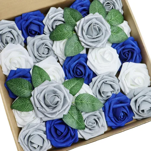 Miniatura 14 de Flores artificiales, 25 rosas de espuma de aspecto real, rosas falsas con tallos para ramos de boda, centros de mesa, baby shower, fiesta