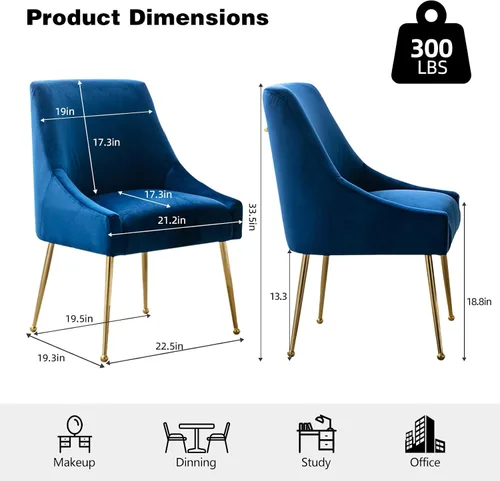 Miniatura 2 de Juego de 2 sillas de comedor de terciopelo, sillas de comedor tapizadas con patas de metal dorado pulido, sillas auxiliares de cocina de granja, Azul