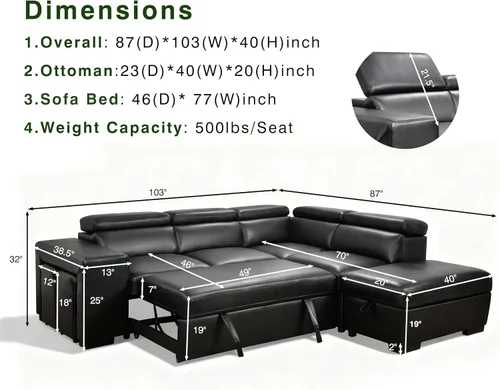 Miniatura 2 de THSUPER Sofá Seccional Reclinable de Cuero de 103 pulgadas en Forma de L con Cama Extraíble y Otomana de Almacenamiento, Sofás Convertibles