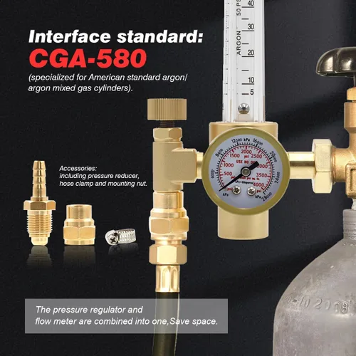 Miniatura 6 de CGA-580 Argon CO2 MIG Regulador de soldadura Medidor de flujo 0-60 CFH con manguera de soldadura de gas de 6.5 pies para soldadura MIG/TIG
