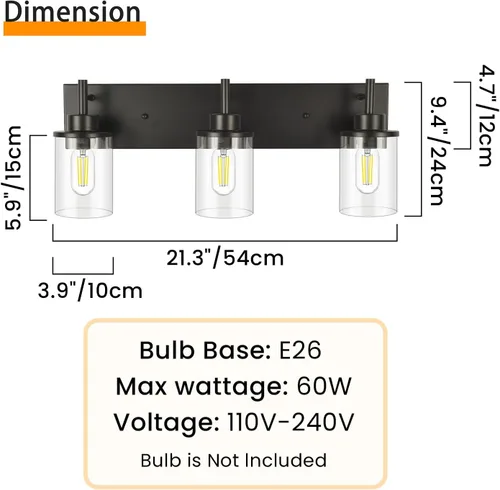 Miniatura 3 de Lámparas de tocador, lámparas de baño negro mate sobre el espejo, lámpara moderna de apliques de pared con pantalla de vidrio transparente (3 luces)