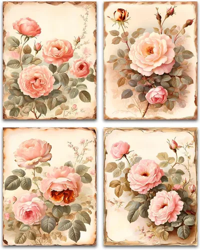 Lienzo decorativo de pared con flores vintage, decoración de pared de rosas rosas, arte de pared botánico de academia oscura, cuadros florales retro