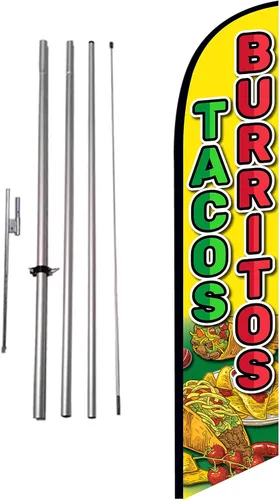 Tacos Burritos Mexican Restaurant Publicidad Banner de plumas Swooper Bandera Bandera con Kit de asta de Bandera y Estaca de Tierra, Tema Rojo