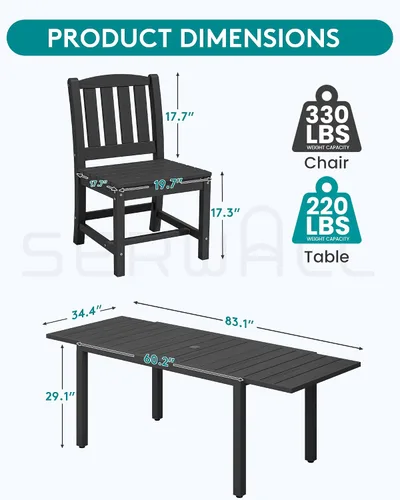 Miniatura 5 de SERWALL Juego de 2 sillas de comedor al aire libre, sillas sin brazos de polietileno de alta densidad para todo tipo de clima, adecuadas para mesa
