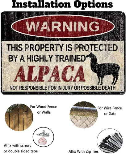 Miniatura 4 de Letrero de metal vintage de alpaca con advertencia "Esta propiedad está protegida por alpacas altamente entrenadas", letrero de patio