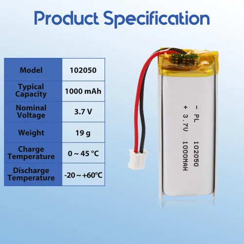Miniatura 4 de Batería Lipo de 3.7V 1000mAh 102050 Batería recargable de polímero de litio con conector JST PH2.0.000 in para altavoz Bluetooth, GPS, reloj
