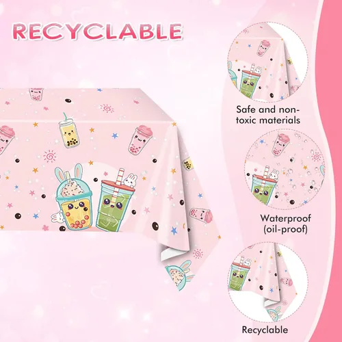 Miniatura 3 de Boba Tea Party Decor Bubble Tea Birthday Vajilla desechable para fiesta, platos y servilletas, juego de mantel para decoración de cumpleaños