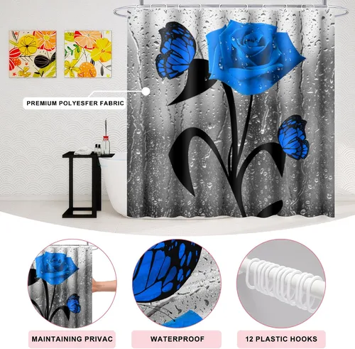 Miniatura 3 de Poedist Juego de 4 cortinas de ducha de baño, juego de cortina de baño con rosas azules, juegos de cortinas de ducha con alfombras