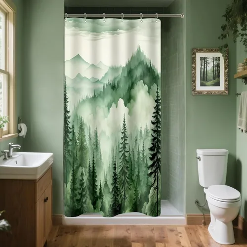 Miniatura 8 de Cortina de ducha pequeña de 36 x 72 pulgadas, cortina de medio tamaño de bosque brumoso, cortina de ducha estrecha mitad negra y blanca de montaña