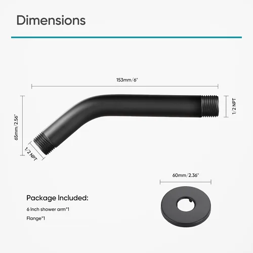 Miniatura 5 de Brazo de ducha Cobbe con brida y cinta de teflón, extensión de brazo de tubo de ducha montado en la pared de 6 pulgadas para cabezal de ducha fijo