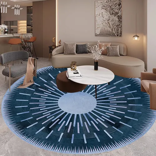 Minimalist Abstract Geometric Radial Stripes Blue Round Rugs for Living Room Bedroom Dining Room Home Office Non Shedding Low Pile Carpet Aesthetics