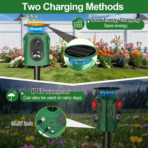 Miniatura 4 de Repelente ultrasónico de animales para exteriores – Repelente de gatos para exteriores y disuasorio de ciervos con sensor PIR, alimentado por