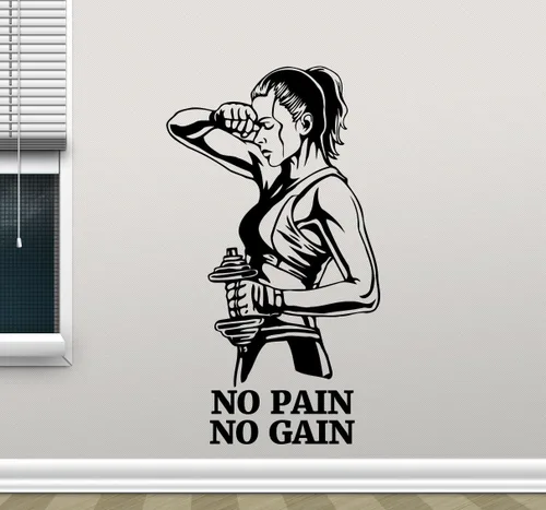 Calcomanía de pared sin dolor y ganancia, estilo de vida saludable, gimnasio, fitness, calcomanía de vinilo para niña con mancuernas, motivación