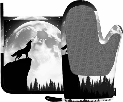 Mxocom Black Wolf Howling at The Moon - Manopla de horno y soporte para olla con estrellas de silicona en el cielo por la noche, resistente al Lobo