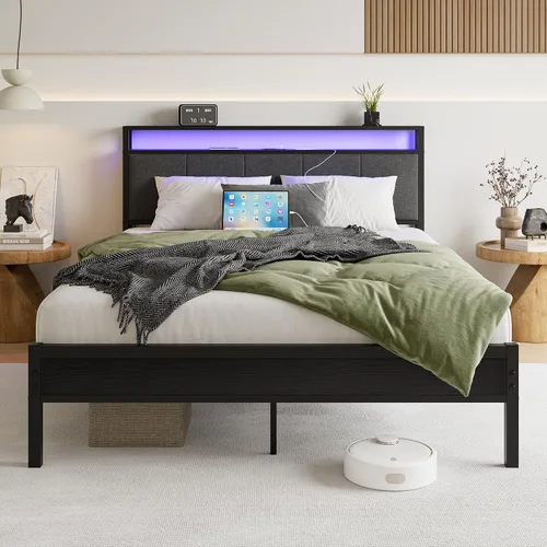 Miniatura 11 de Base de cama de tamaño matrimonial con luces LED, cabecera tapizada con estantes de almacenamiento y estación de carga, base de colchón LED