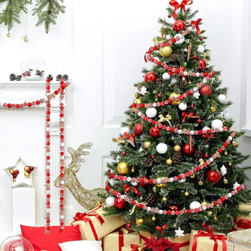 Miniatura 7 de Misdary 200 piezas de cuentas navideñas para manualidades, cuentas navideñas de madera, rojas y blancas, caramelo de menta, jengibre para joyería