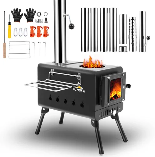 Estufa de Tienda de Leña Negra, Chimenea de Acero Inoxidable de 7 Secciones, Estufa de Tienda Caliente Portátil para Acampar, Caza, Pesca en Hielo
