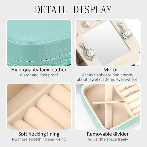 Miniatura 3 de Ailvy Organizador de joyas de viaje con espejo, joyero pequeño, portátil, estuche de joyería para aretes, anillos, collares, pulseras, regalo