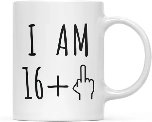 Andaz Press Divertida taza de café de 11 onzas, regalo de broma de cumpleaños, I Am 16 + 1 dedo medio, 1 paquete, ideas de regalo de cumpleaños 17