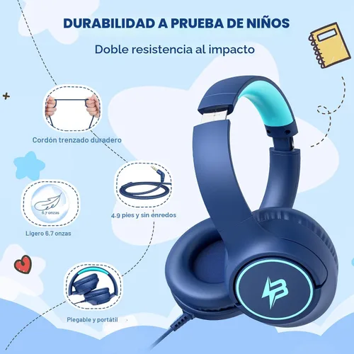 Miniatura 5 de Auriculares para niños con cable para la escuela, límite de volumen de 85/94 dB, auriculares con cable sobre la oreja para niños y niñas con Azul