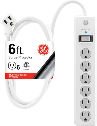 Miniatura 9 de GE Regleta de enchufes con protector contra sobretensiones, cable de extensión de 20 pies, extensor de 6 tomas, 800 joules, clavija plana, cubiertas