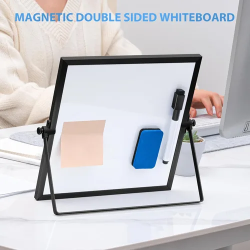 Miniatura 6 de ARCOBIS Pizarra blanca pequeña con soporte de 10 x 10 pulgadas, caballete magnético de borrado en seco de doble cara para escritorio, estudiantes