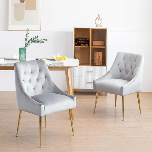 Miniatura 22 de Juego de 2 sillas de comedor modernas, sillas de mediados de siglo con cojines de 5.12 pulgadas y patas doradas, sillas de comedor tapizadas