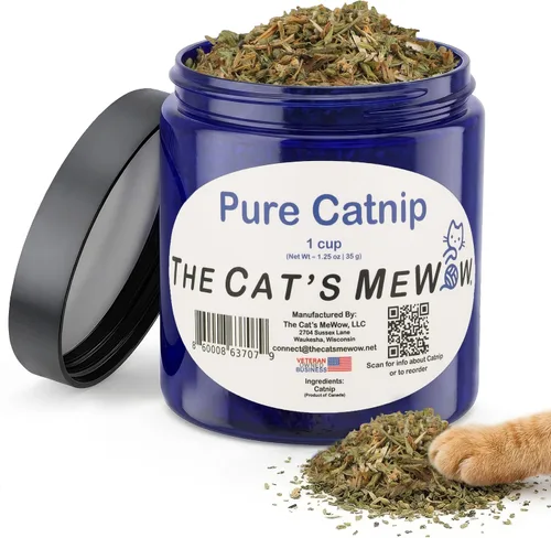 The Cat's MeWow Hierba gatera 100% pura, cultivada en América del Norte, aroma fuerte para jugar y enriquecer, tarro de frescura resellable, marca