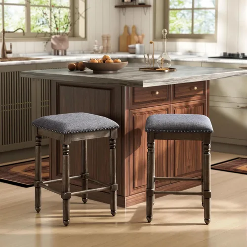 Miniatura 3 de Roundhill Furniture Arnhem Taburetes tapizados de madera para encimera, juego de 2, color gris