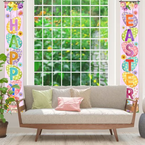 Miniatura 5 de Cartel de Pascua para porche, conejo, huevo, conejo, margarita, fiesta, puerta delantera, letrero para colgar en la pared, decoración de primavera