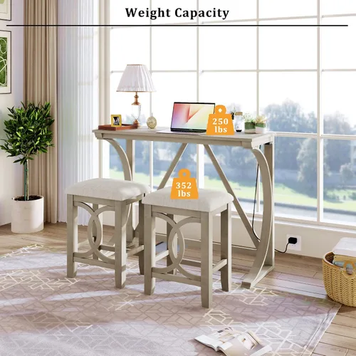 Miniatura 3 de Merax Farmhouse - Juego de mesa de comedor de 3 piezas con puerto USB y 2 taburetes tapizados, color crema