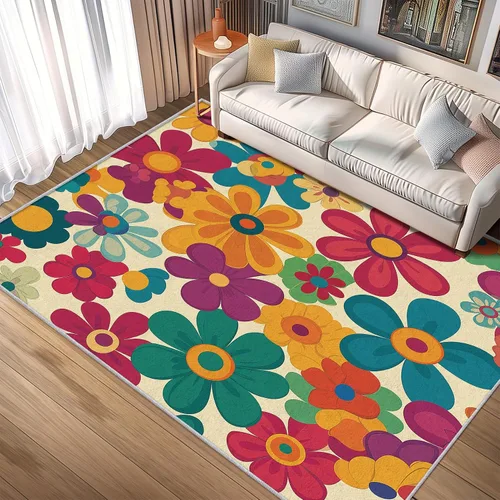 Miniatura 2 de Alfombra retro floral de 2 x 3 pulgadas, lavable de los años 60 y 70, alfombras hippie para entrada, dormitorio, cocina, alfombra de área de flores
