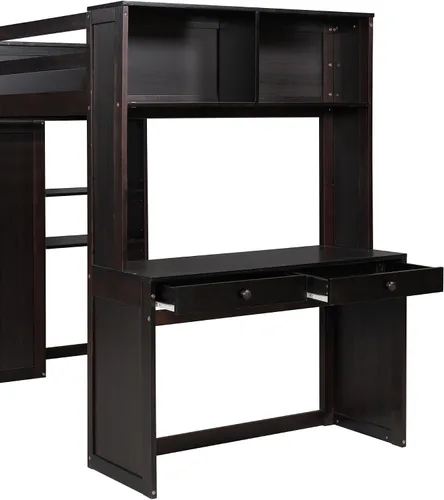 Miniatura 6 de Litera individual sobre individual con escritorio, armario y estantes, marco de cama tipo loft de madera maciza con una cama independiente, literas
