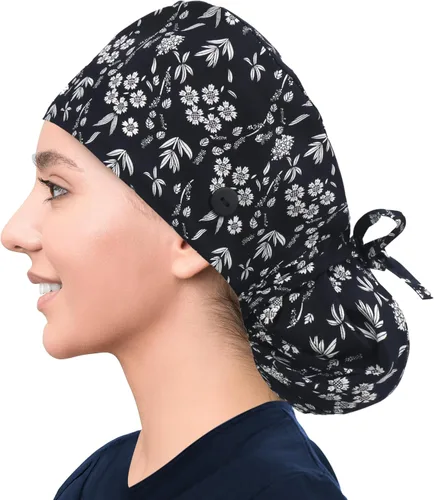 Miniatura 6 de Gorra de trabajo ajustable con botón, gorro de trabajo de algodón, banda para el sudor con bolsillo para cola de caballo, lazo elástico