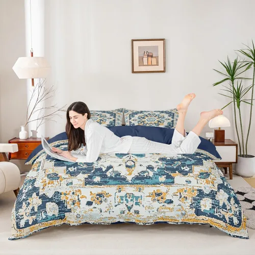 Miniatura 3 de Erosebridal Juego de ropa de cama bohemio individual, funda de edredón de mandala azul verde azulado para hombres y mujeres, funda de edredón retro