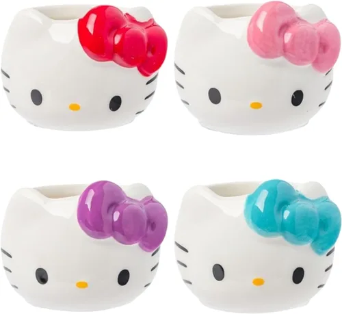Miniatura 16 de Silver Buffalo Sanrio Hello Kitty Conjunto de 3 tazas de cerámica esculpidas en 3D con arcos de diferentes colores, con asas, perfectas como set