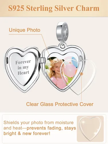 Miniatura 6 de Custom4U Photo Charms for Bracelets 925 Sterling Silver/Gold Plated Heart/Tree of Life/Round Charm Bead Personalized with Picture Custom