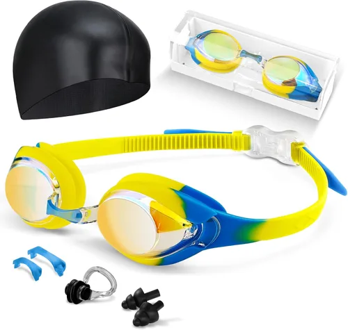 Miniatura 9 de Gafas de natación para niños, antivaho y protección UV con gorro de natación para niños de 3 a 15 años