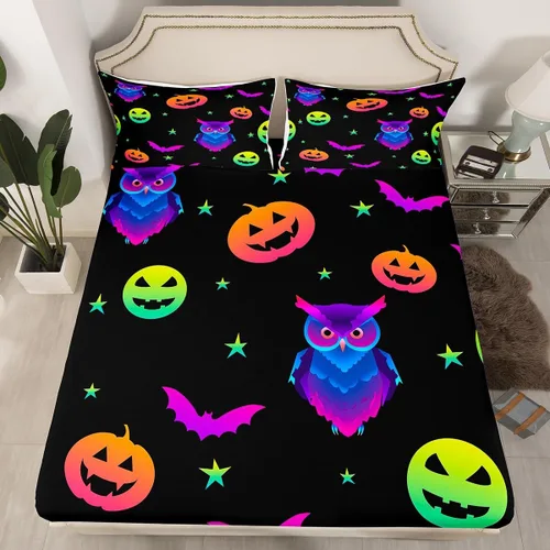Miniatura 31 de Erosebridal Sábana bajera ajustable de Halloween, diseño de calabaza de dibujos animados, diseño de arco iris para niños, niñas, adolescentes