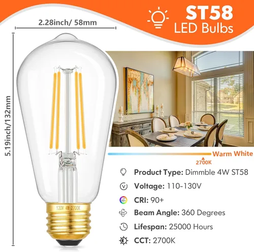 Miniatura 2 de Kondras - Bombillas LED regulables con diseño vintage, 4 W equivalentes a 40 W, bombillas de filamento LED ST58 con diseño antiguo, bombillas LED