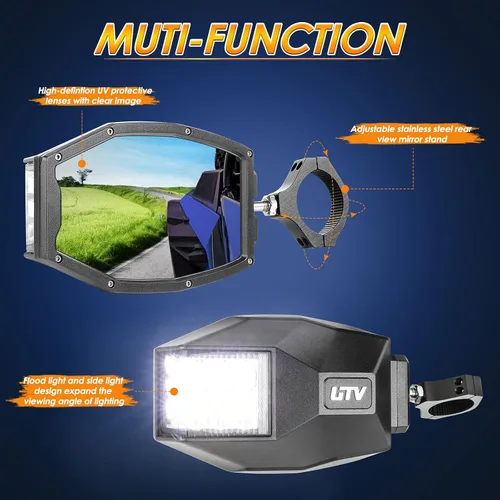 Miniatura 3 de Espejos Laterales UTV con Luces LED, Espejo Retrovisor Iluminado que se Ajusta a Jaula de Barra Antivuelco de 1.5"-2", Espejos Laterales RZR