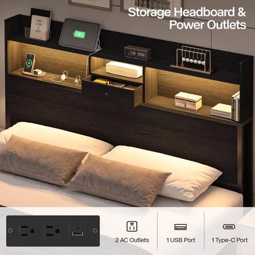 Miniatura 5 de Marco de Cama Tamaño Completo con Cabecero Alto y Luces LED, Librero de 51.2" Marco de Cama Negro Tamaño Completo con Cajones de Almacenamiento