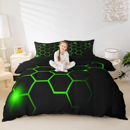 Miniatura 10 de Juego de funda de edredón hexagonal geométrica de panal de abeja, funda de edredón hexagonal moderna para niños, niños, niñas, azul neón, negro
