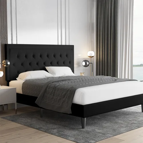 Allewie Base de cama tapizada de tamaño matrimonial con cabecera ajustable, botón acolchonado, soporte de listones de madera, fácil montaje, color