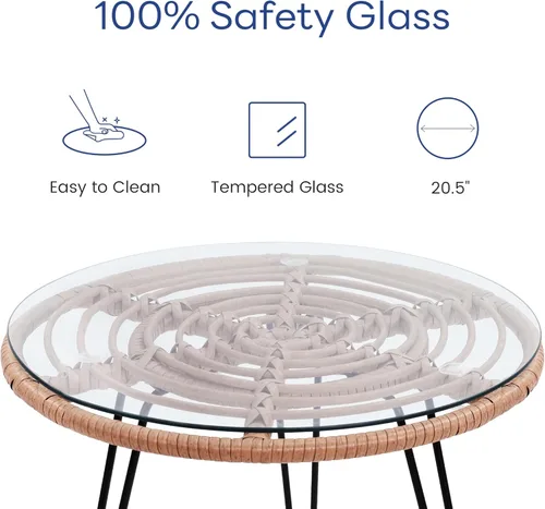 Miniatura 6 de KROFEM - Juego de 3 piezas de muebles de mimbre para patio estilo bistró, incluye 2 sillas de ratán y mesa con tapa de vidrio, ideal para porche